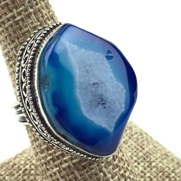 New Blue Solar Quartz Crystal Stone Silver Overlay Ring Size 7 - Picture 6 of 12